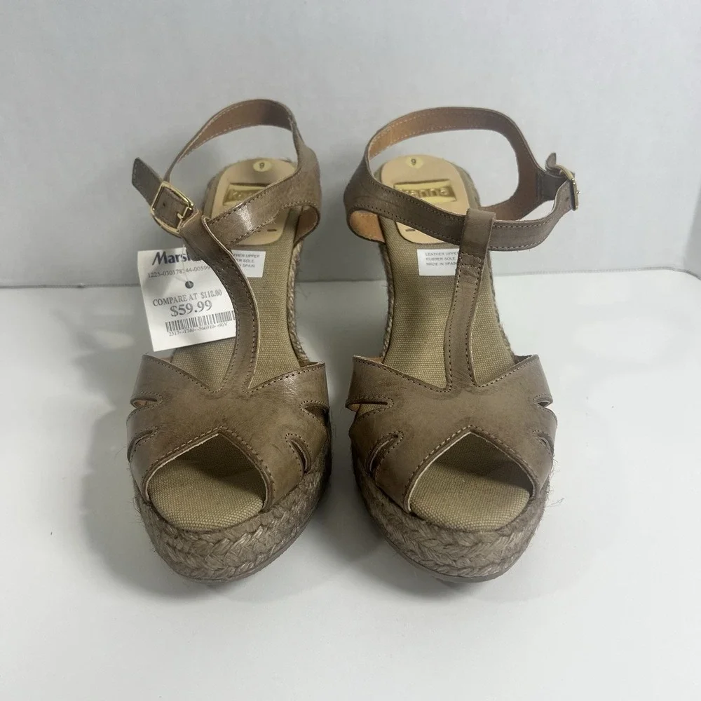 KANNA Women Brown Leather T-Strap Espadrille Wedge Sandals KV1519 Size 9 EU 39